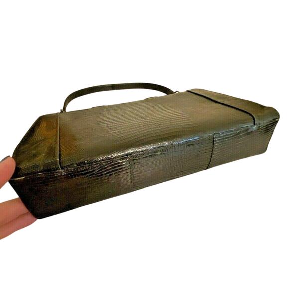 Vintage Mid Century Top Handle Purse Black / Brown Lizard Skin Textured Leather - Picture 6 of 10